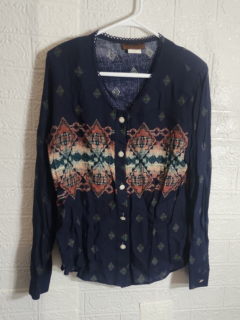 Pena By Roper Navy Button-Front Women's Printed Long-Sleeve Top